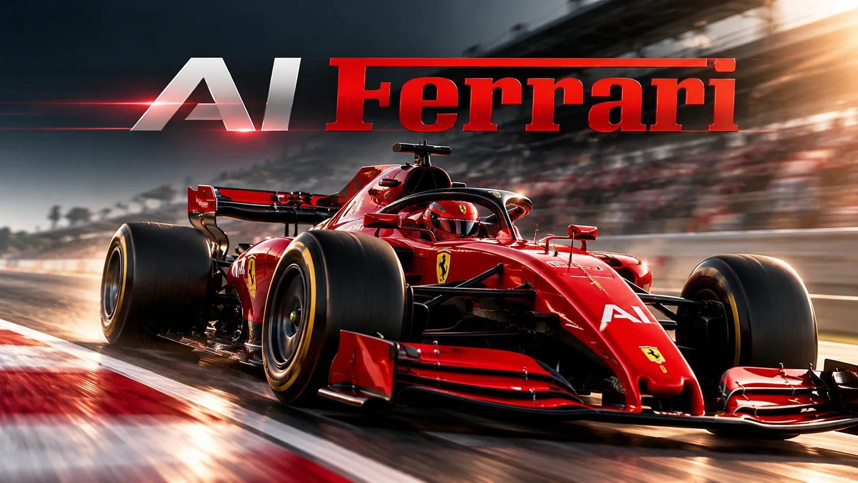 A red Formula 1 car at full speed on the circuit, under the title AI Ferrari.